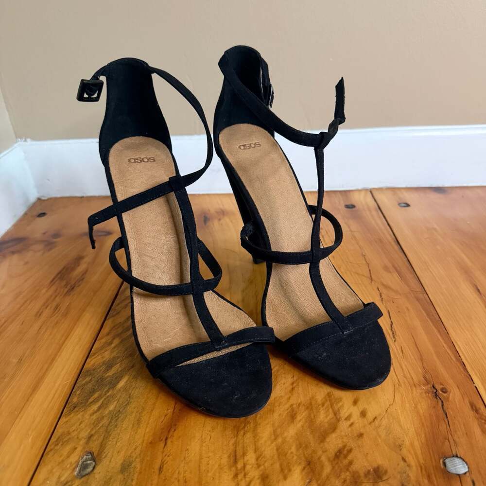 ASOS Black Suede T-Strap Block Heel Sandals